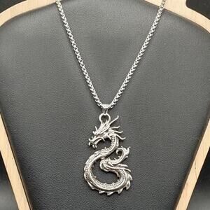 Stainless Chinese Dragon Necklace Box Chain Vintage Zodiac Eastern Birthday Gift
